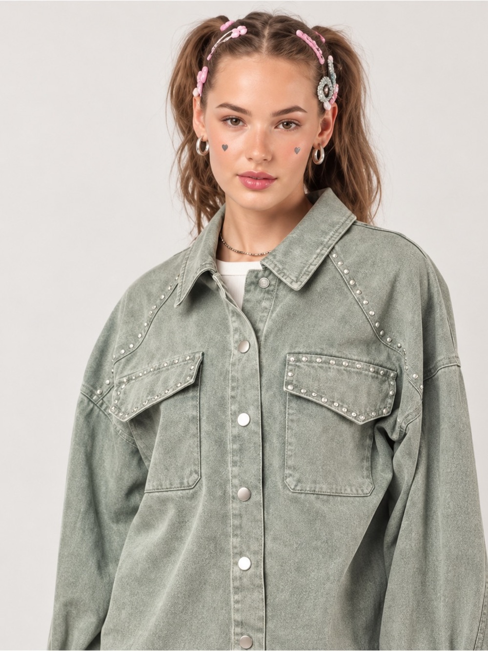 Loveriche Sage Green Studded Oversized Denim Jacket